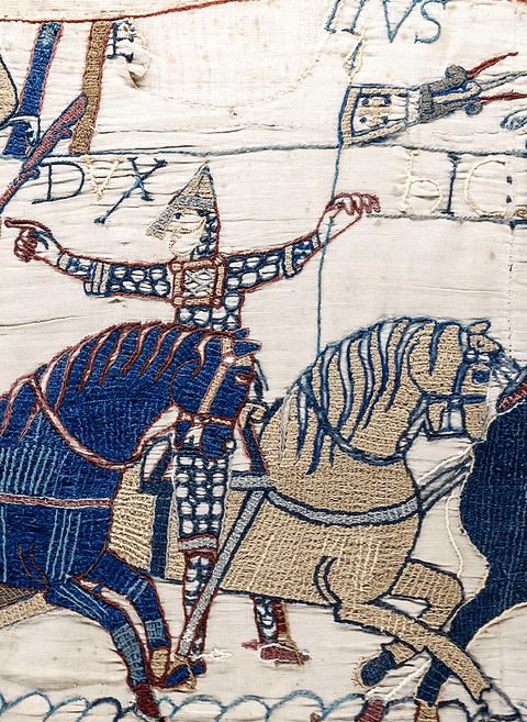 Laid threads, a surface technique in wool on linen. The Bayeux Tapestry, 11th century